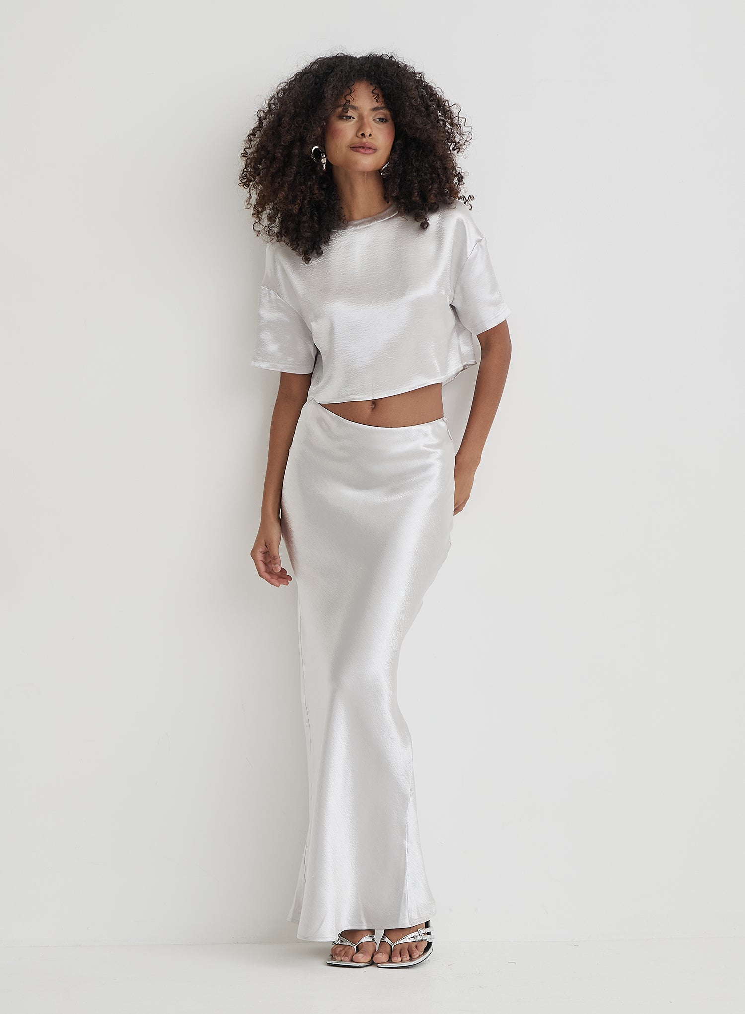 Silver Satin Maxi Skirt